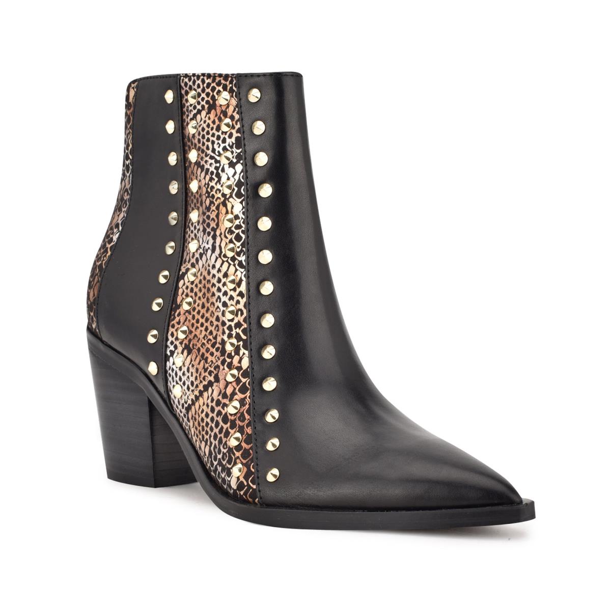 Bottines Nine West What Studded Block Heel Femme Noir Doré | 0158OVNJU