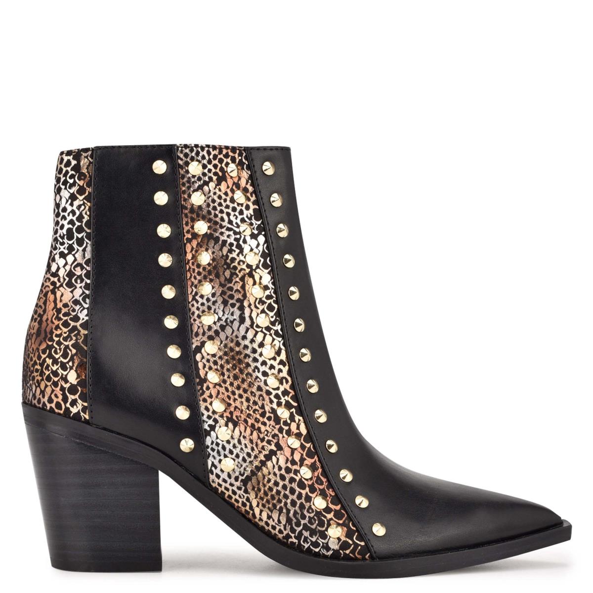 Bottines Nine West What Studded Block Heel Femme Noir Doré | 0158OVNJU