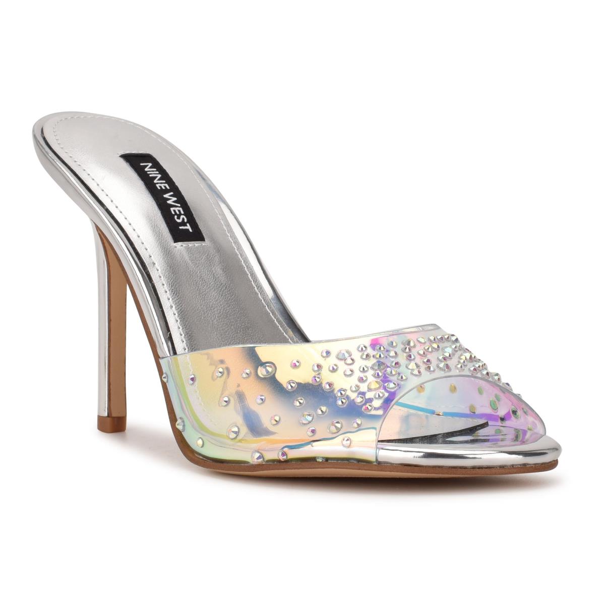 Sandales À Glissière Nine West Ido Rhinestone Talons Femme Argent | 5362DEJWG