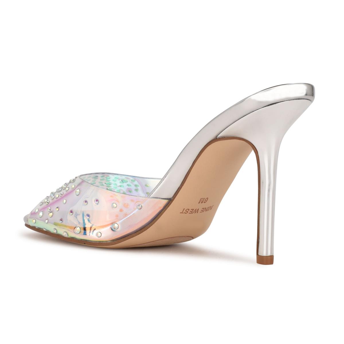 Sandales À Glissière Nine West Ido Rhinestone Talons Femme Argent | 5362DEJWG