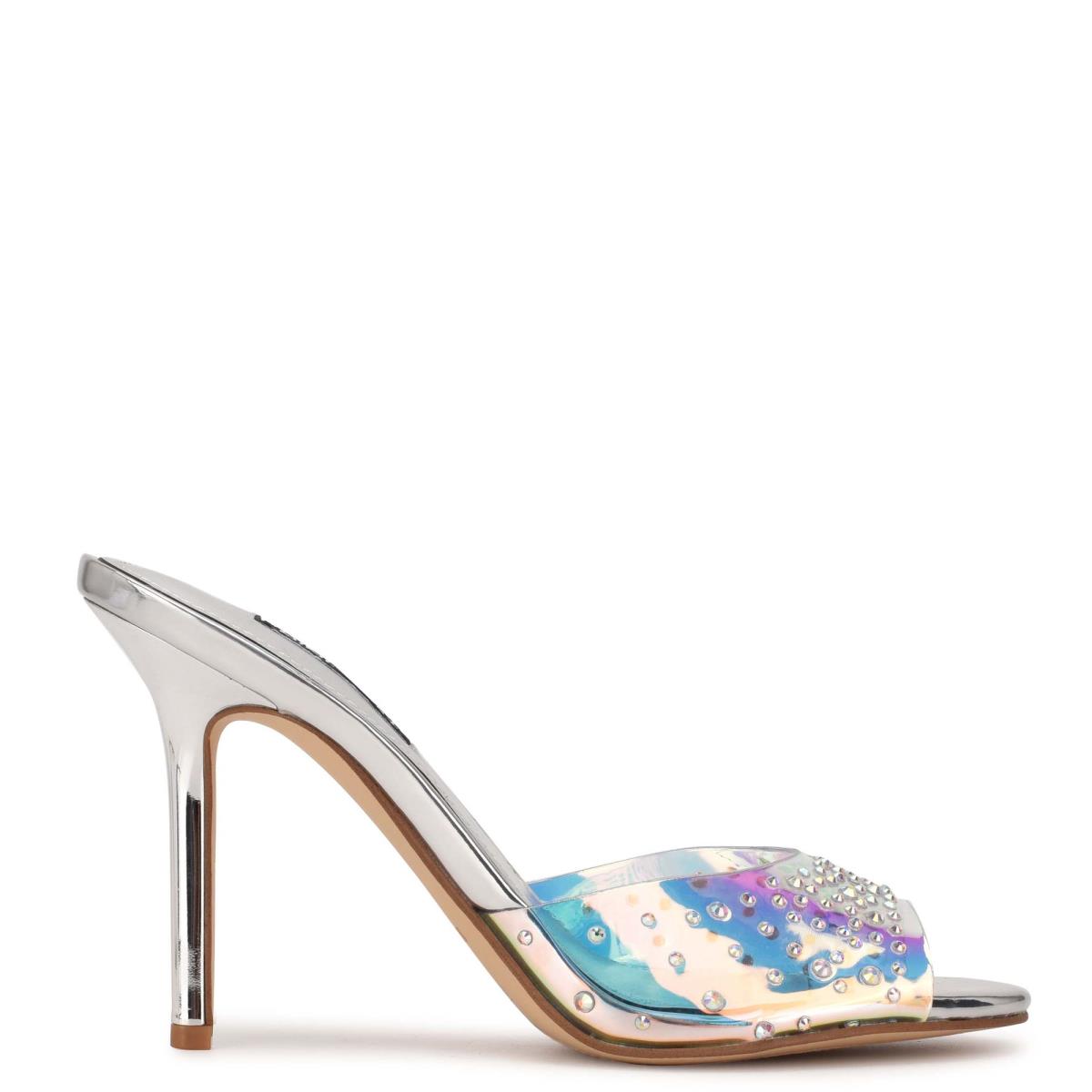 Sandales À Glissière Nine West Ido Rhinestone Talons Femme Argent | 5362DEJWG